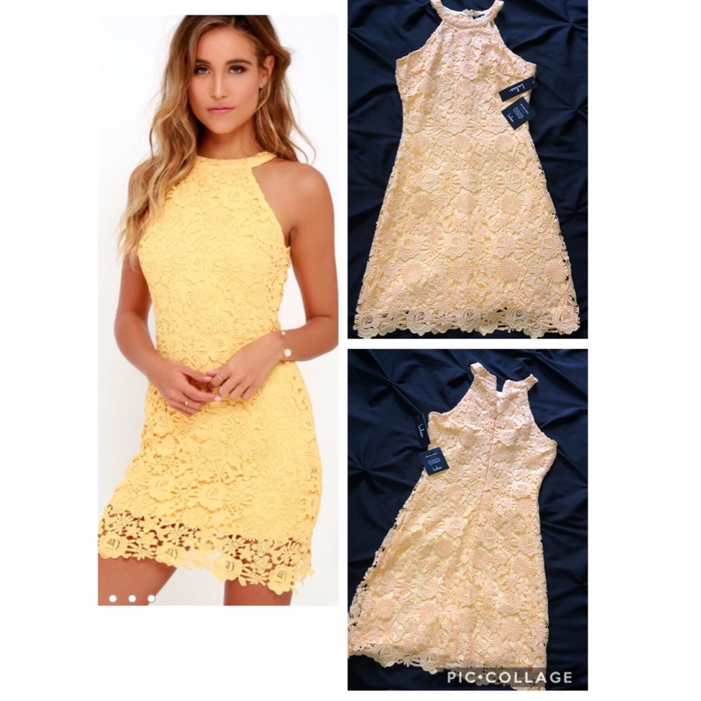 Lulus- Love Poem Yellow Lace Mini Dress